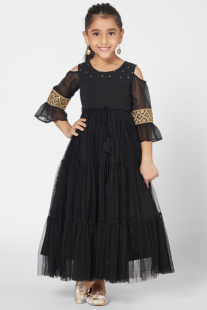 Black Tikki Embroidered Gown For Girls by Mini Chic