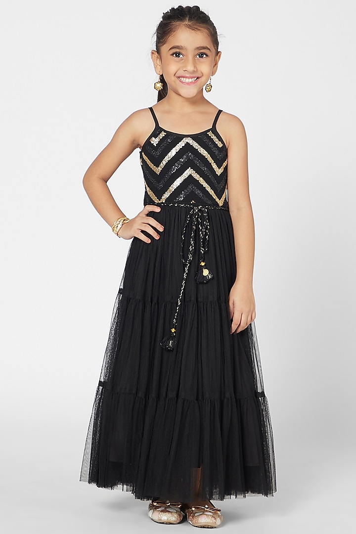 Black Embroidered Gown For Girls by Mini Chic