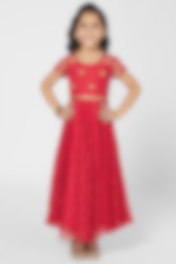 Red Embroidered Gown For Girls by Mini Chic