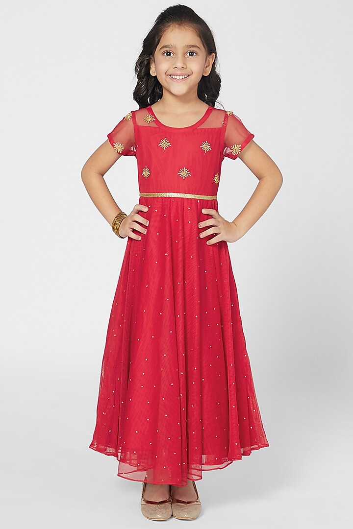 Red Embroidered Gown For Girls by Mini Chic