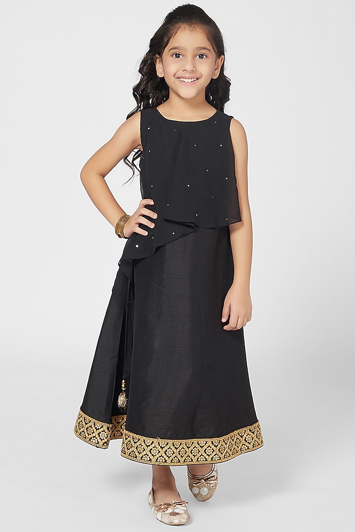 Black Raw Silk Gown For Girls by Mini Chic