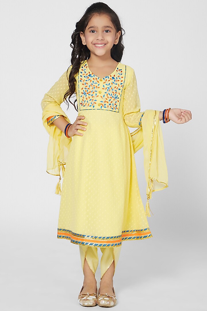 Yellow Embroidered Anarkali Set For Girls by Mini Chic