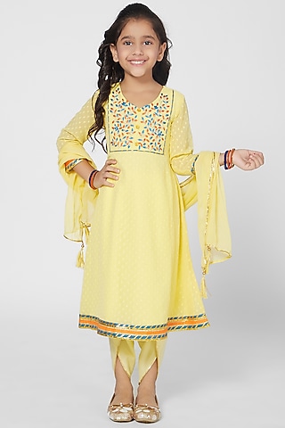 Yellow Embroidered Anarkali Set For Girls by Mini Chic