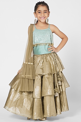 Khaki Polyester Lehenga Set For Girls by Mini Chic