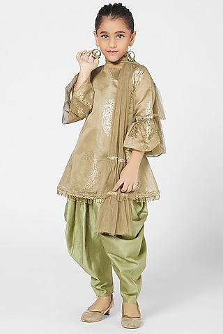 Khaki Printed Kurta Set For Girls by Mini Chic