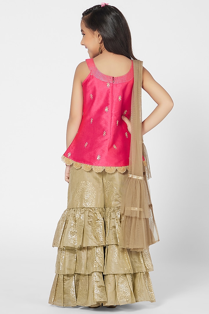 Khaki Raw Silk Sharara Set For Girls by Mini Chic at Pernia's Pop Up Shop
