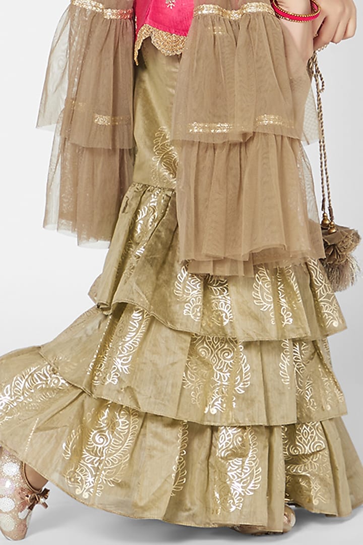Khaki Raw Silk Sharara Set For Girls by Mini Chic at Pernia's Pop Up Shop