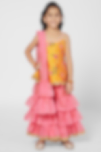 Yellow & Pink Raw Silk Sharara Set For Girls by Mini Chic