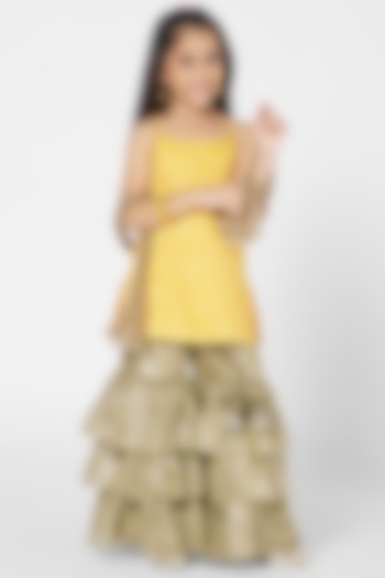 Yellow & Khaki Polyester Sharara Set For Girls by Mini Chic