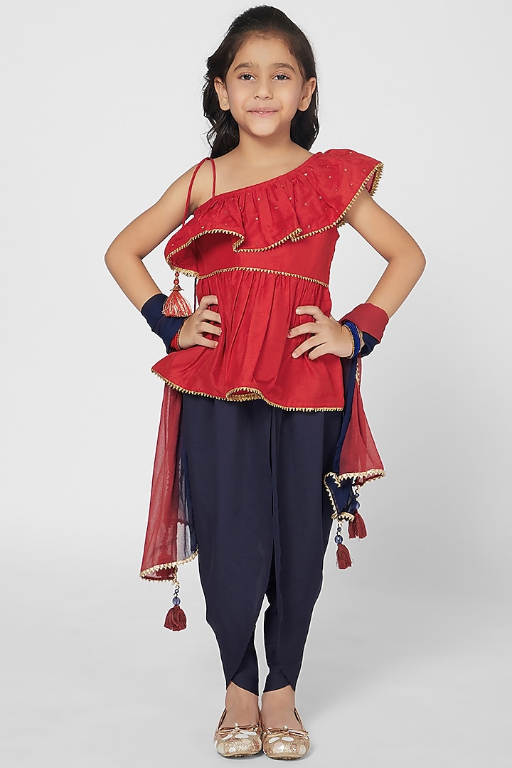 Red & Navy Blue Polyester Dhoti Set For Girls by Mini Chic