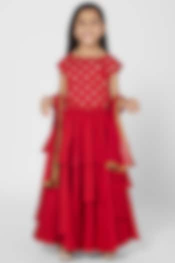 Red Polyester Lehenga Set For Girls by Mini Chic
