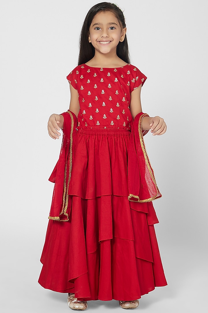 Red Polyester Lehenga Set For Girls by Mini Chic