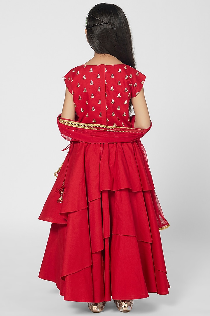 Red Polyester Lehenga Set For Girls by Mini Chic at Pernia's Pop Up Shop
