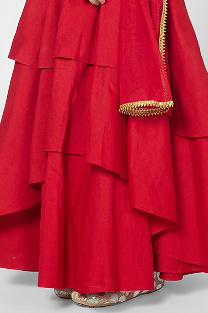 Red Polyester Lehenga Set For Girls by Mini Chic at Pernia's Pop Up Shop
