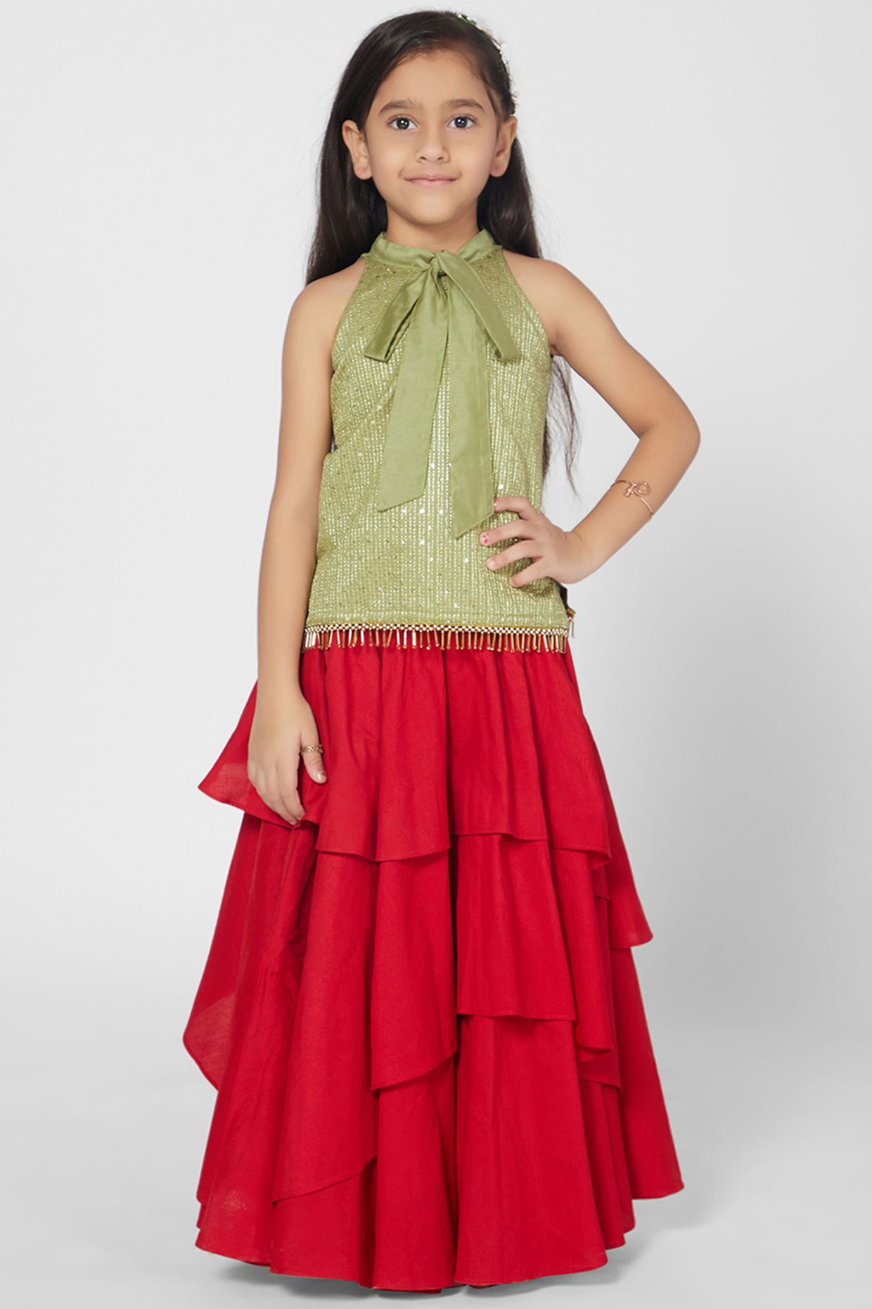 Red & Green Embroidered Lehenga Set For Girls by Mini Chic