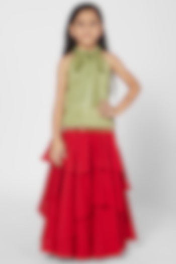 Red & Green Embroidered Lehenga Set For Girls by Mini Chic