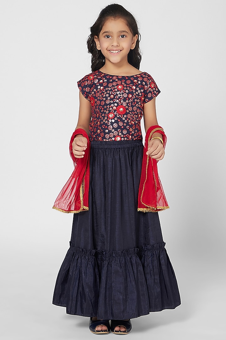 Navy Blue Lehenga Set In Polyester For Girls by Mini Chic