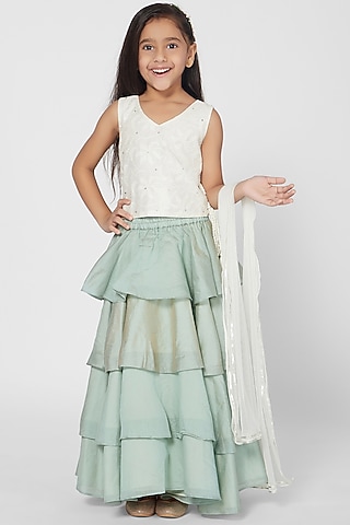 Green Blended Fabric Lehenga Set For Girls by Mini Chic