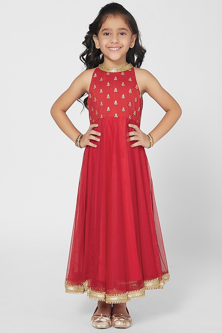 Red Tikki Embroidered Gown For Girls by Mini Chic