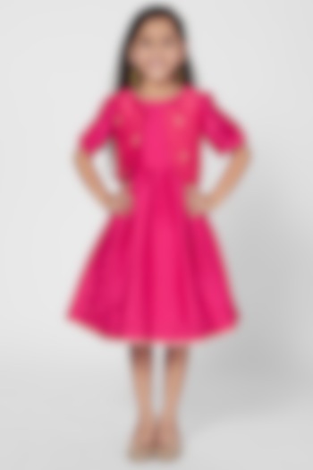 Fuchsia Embroidered Dress With Jacket For Girls by Mini Chic