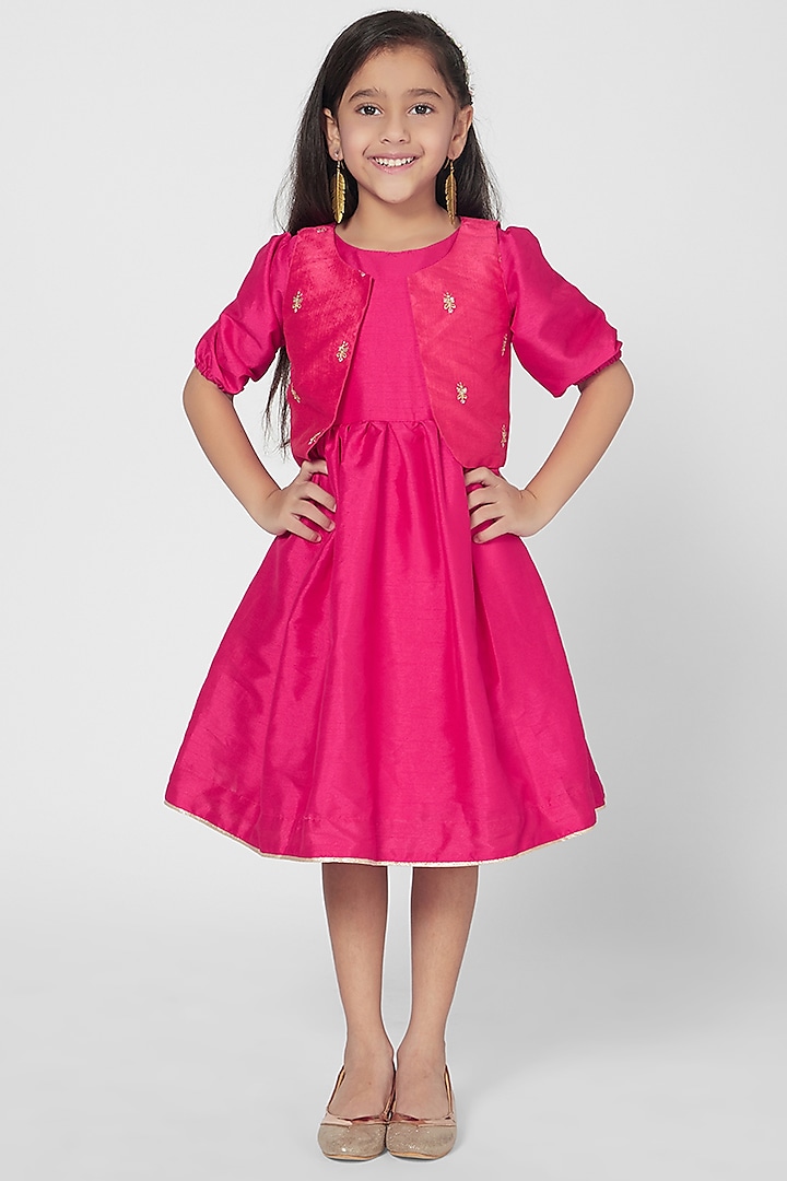 Fuchsia Embroidered Dress With Jacket For Girls by Mini Chic