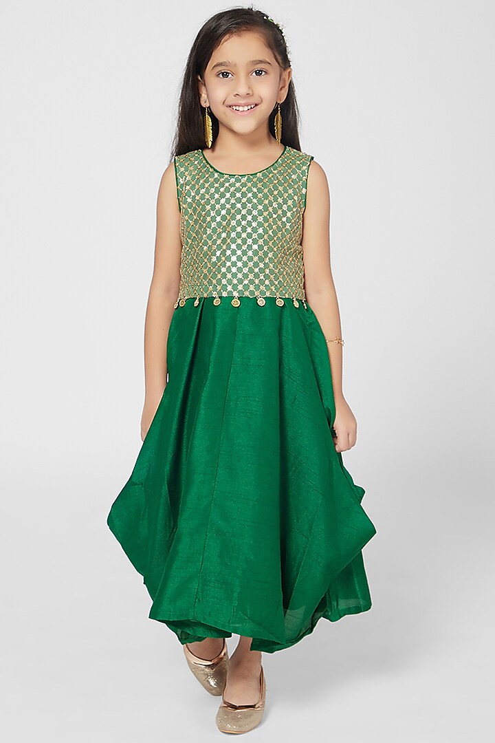 Green Tikki Embroidered Dress For Girls by Mini Chic