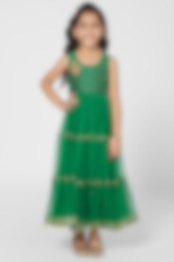 Green Printed Gown For Girls by Mini Chic