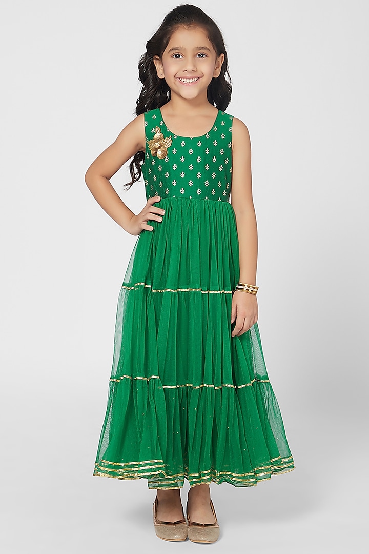 Green Printed Gown For Girls by Mini Chic