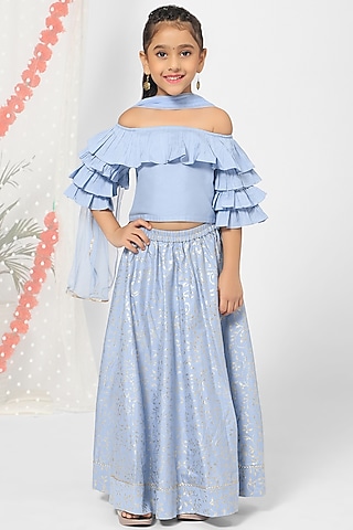 Buoyant Blue Foil Printed Kurta Set For Girls by Mini Chic