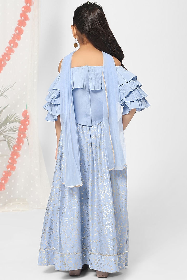 Buoyant Blue Foil Printed Kurta Set For Girls by Mini Chic at Pernia's Pop Up Shop