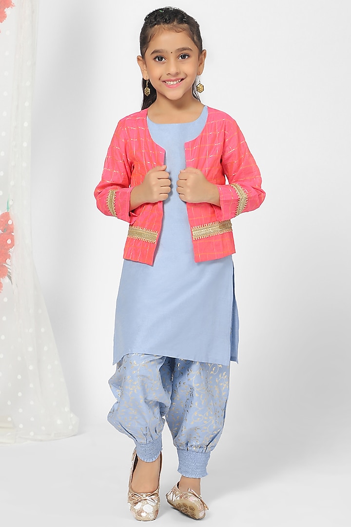 Rose Pink Silk Blend Jacket Set For Girls by Mini Chic