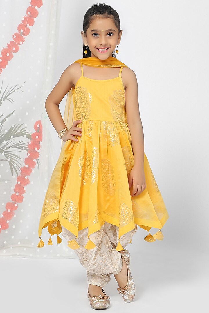 Lemon Yellow Embroidered Anarkali Set For Girls by Mini Chic