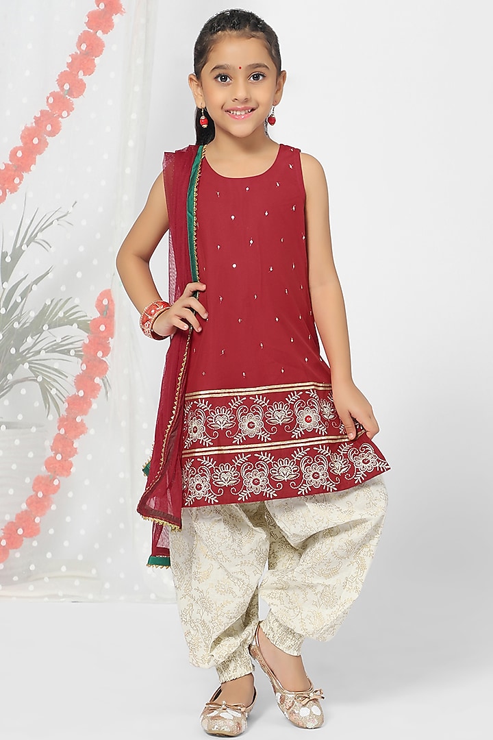 Crimson Red Embroidered Kurta Set For Girls by Mini Chic