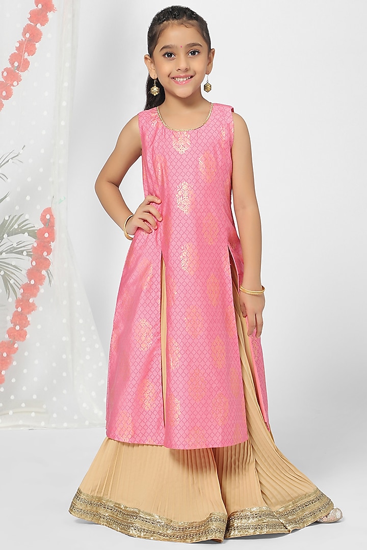 Carnation Pink Embroidered Lehenga Set For Girls by Mini Chic