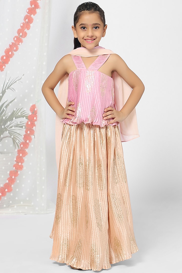 Pale Pink Polyester Lehenga Set For Girls by Mini Chic