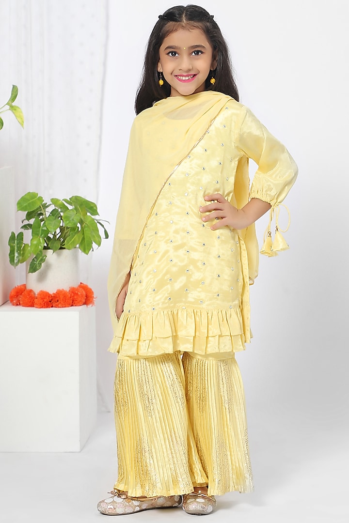 Lemon Yellow Polyester Sharara Set For Girls by Mini Chic