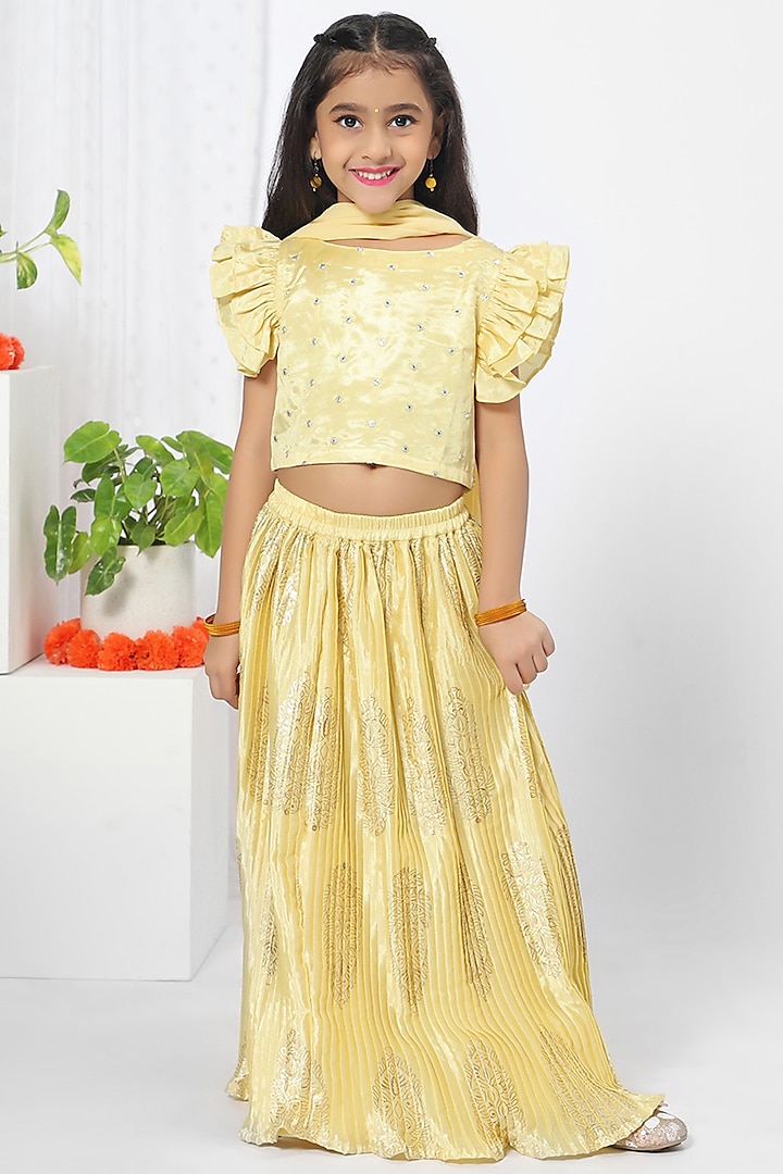 Lemon Yellow Embroidered Lehenga Set For Girls by Mini Chic