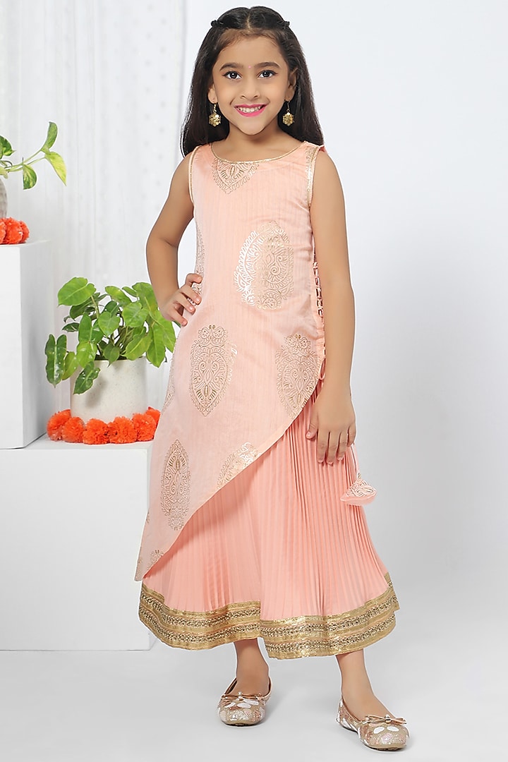 Peach Foil Printed Kurta For Girls by Mini Chic at Pernia's Pop Up Shop