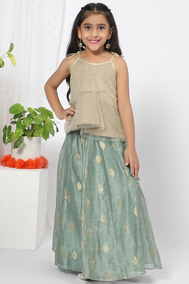Pale Willow Green Lehenga Set For Girls by Mini Chic