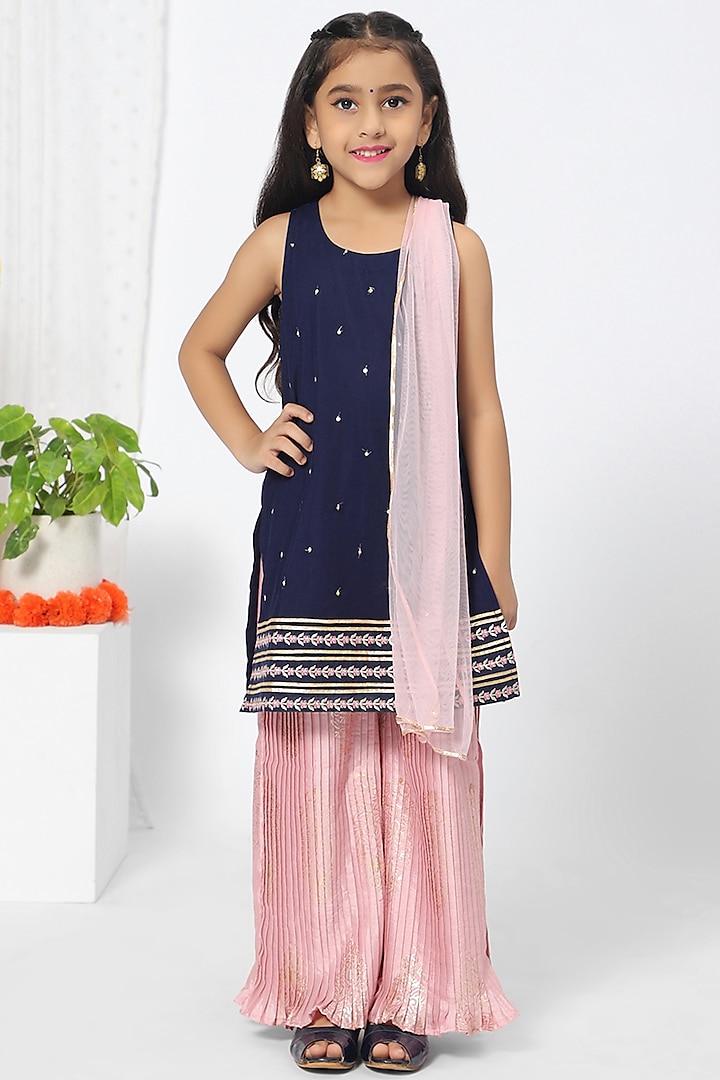 Navy Blue Embroidered Sharara Set For Girls by Mini Chic