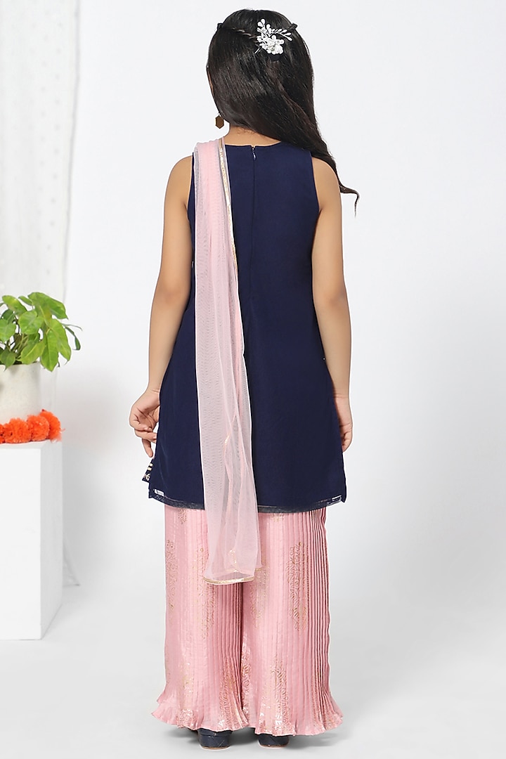 Navy Blue Embroidered Sharara Set For Girls by Mini Chic at Pernia's Pop Up Shop