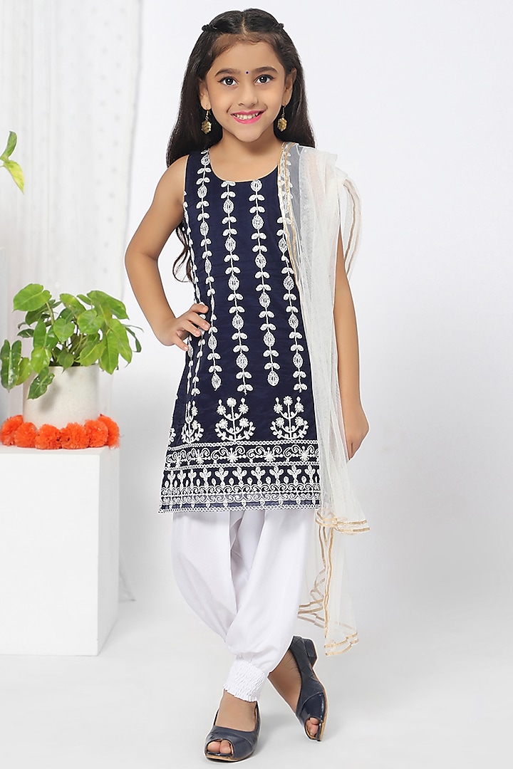 Navy Blue Embroidered Dhoti Set For Girls by Mini Chic