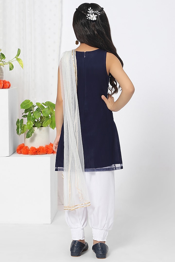 Navy Blue Embroidered Dhoti Set For Girls by Mini Chic at Pernia's Pop Up Shop