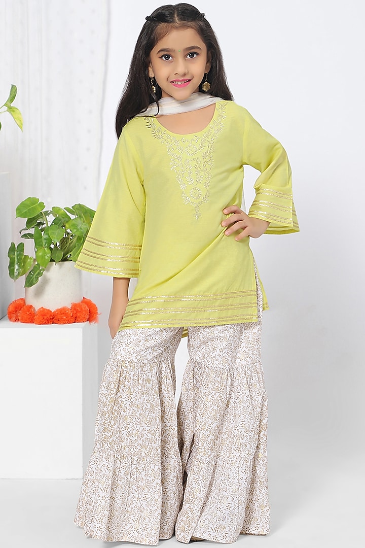 Lemon Yellow Embroidered Sharara Set For Girls by Mini Chic