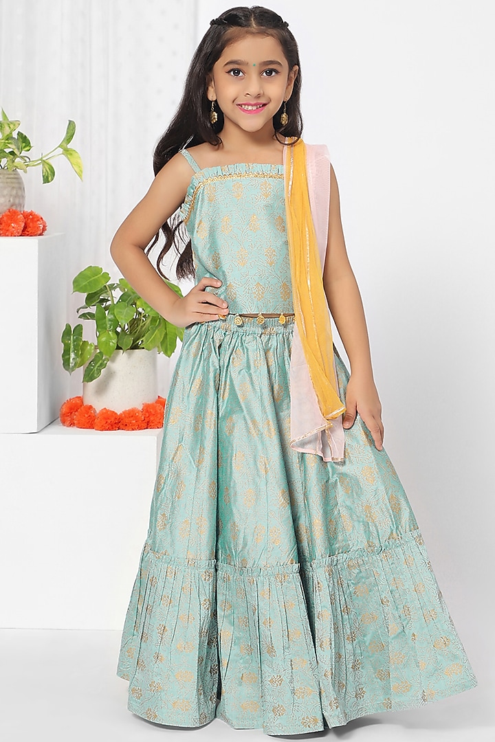 Dull Teal Green Lehenga Set For Girls by Mini Chic at Pernia's Pop Up Shop