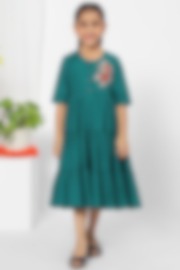 Turquoise Embroidered Dress For Girls by Mini Chic at Pernia's Pop Up Shop