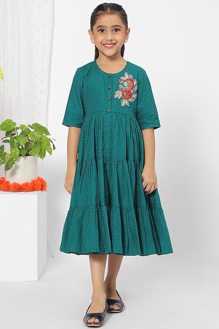 Turquoise Embroidered Dress For Girls by Mini Chic