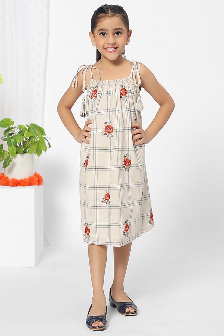 Off-White Checkered Dress For Girls by Mini Chic