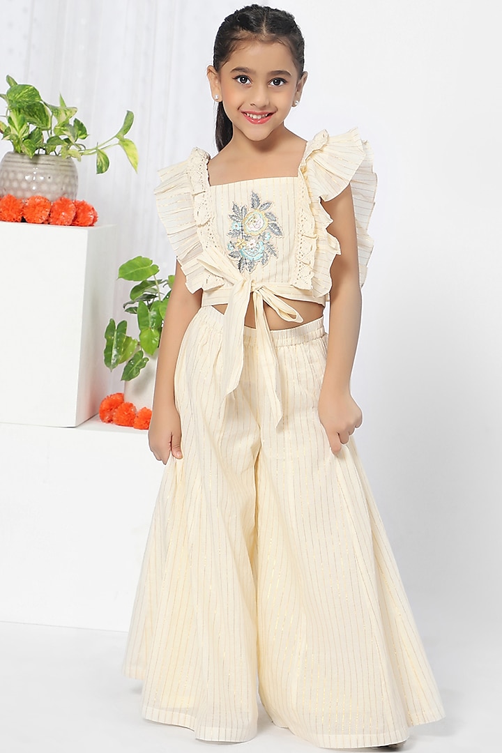 Off-White Embroidered Sharara Set For Girls by Mini Chic