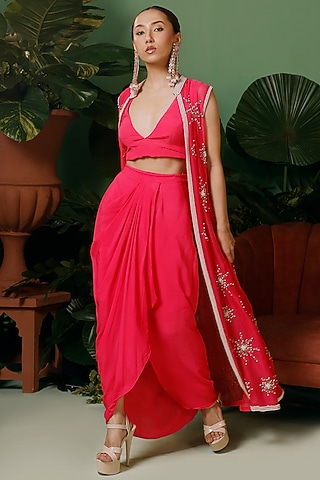 Candy Pink Organza Hand Embroidered Jacket Set by Midushi Bajoria